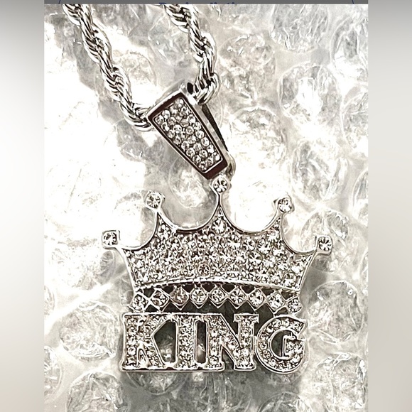 Men’s Rope Chain Necklaces & King Pendant. Stainless Steel Set Sparkly CZs - Picture 4 of 4